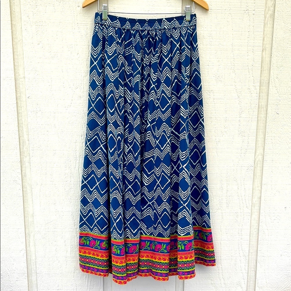Morpankh Cotton Maxi Full Skirt Size Large Geometric Chevron Floral Border Blue